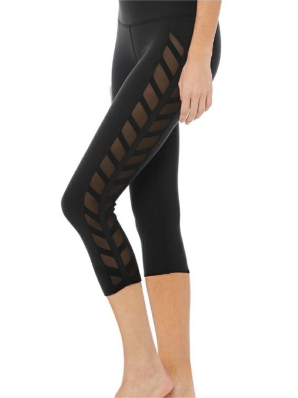 ALO Yoga Womens Black Crop Leggings with Side Lattice Panels